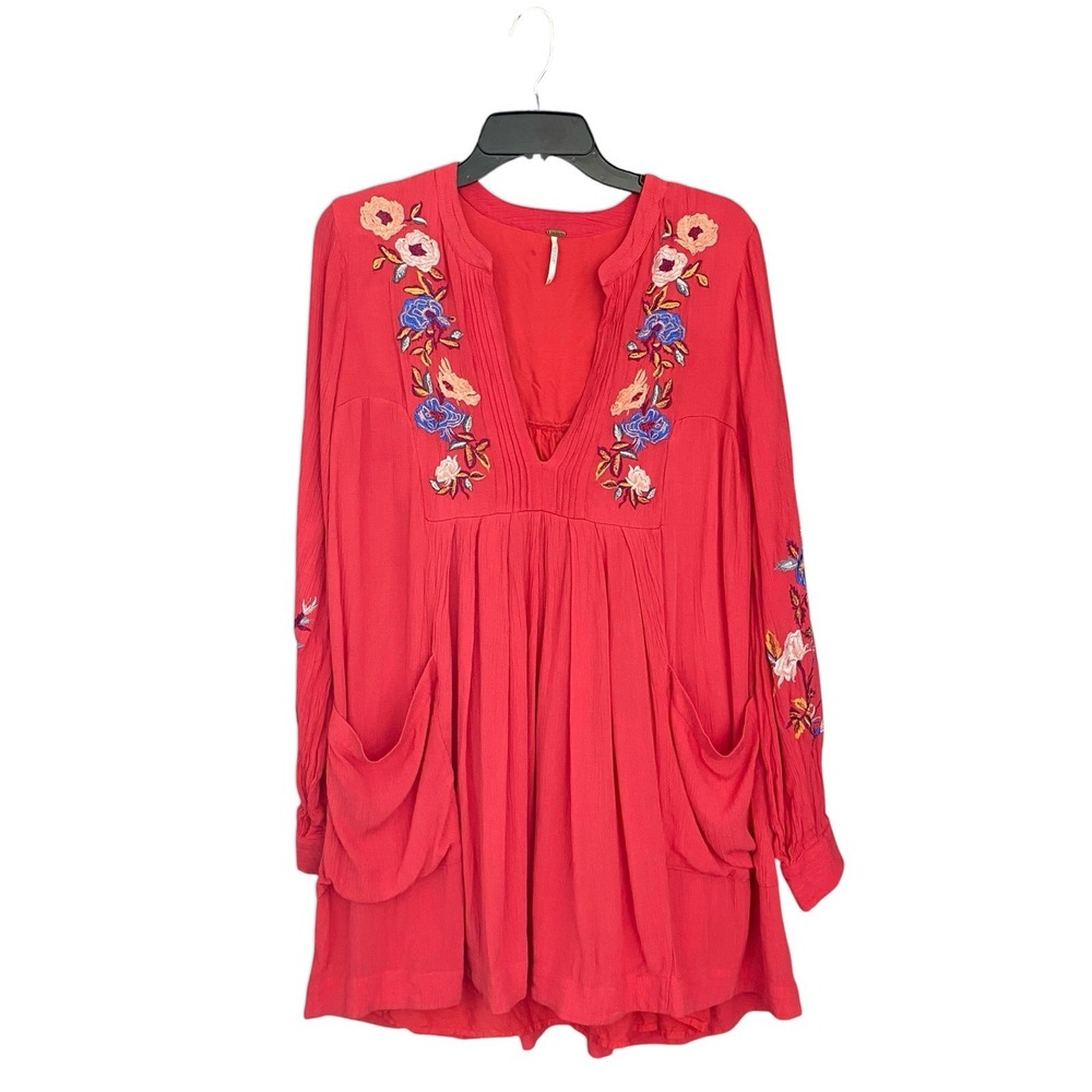 Free People Small‎ Boho Embroidered Mini Dress Coral/pink Floral Pockets Crinkle